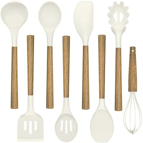 Non-Stick Silicone Kitchen Utensils Set with Natural Acacia Hard Wood Handle, Umite Chef 8 Pieces Kitchen Spatulas set, White, BPA Free, Baking, Serving and Cooking Utensils