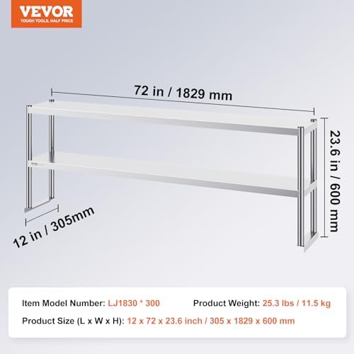 VEVOR Double Tier Stainless Steel Overshelf, 12 x 72 Inch Double Deck Height Adjustable Prep Work Table for Kitchen, Restaurant and Workshop