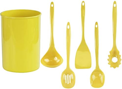 Reston Lloyd 6 Piece Kitchen Utensil Holder for kitchen counter, Utensils crock with Heat Resistant Spoon, Slotted Spoon, Ladle, Spatula BPA Free, Lemon