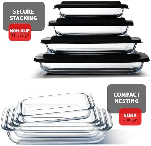 Nestl 16 pc Glass Baking Dishes for Oven, Glass Food Storage Containers with Lids, Leakproof Casserole Dishes for Oven with Lid, Cooking, Microwave Oven Freezer Safe Bakeware, 9x13 Lasagna Pan Black
