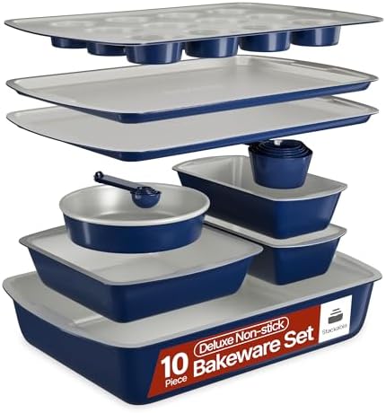 Royal Blue 10-Piece Bakeware Sets, Nonstick Carbon Steel Baking Sheet & Pans, Stackable Space-Saving Bakeware, Dishwasher Safe, Stain-resistant, PFOAPFOSPTFE Free, Oven Safe Up To 450°F (230°C)