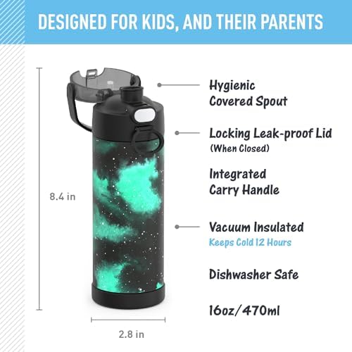 THERMOS FUNTAINER 16 Ounce Stainless Steel Vacuum Insulated Bottle with Wide Spout Lid, Galaxy Green (Pack of 6)