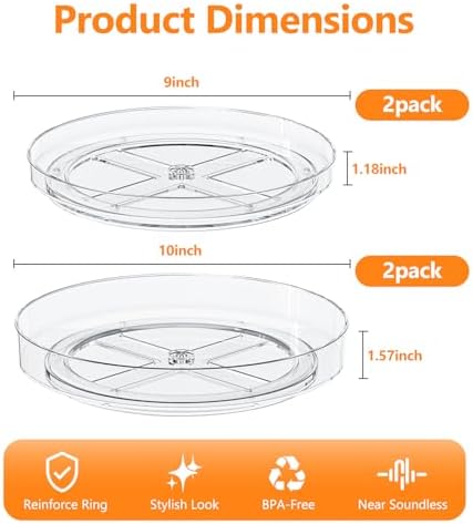 4 Pack Clear Lazy Susan, 9+10 Inch Turntable Organizer, Non-Skid Rotating Tray for Cabinet, Kitchen Pantry Organization and Storage, Acrylic Spinner for Refrigerator, Bathroom Vanity and Spice Rack