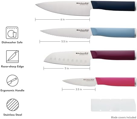 KitchenAid 4-Piece Chef Knife Set with Blade Covers, 6-Inch Chef Knife, 5-Inch Santoku, 5.5-Inch Serrated Utility, 3.5-Inch Paring Japanese Steel, Assorted Colors