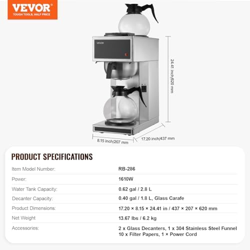 VEVOR Commercial Drip Coffee Maker 12 Cups Coffee Machine Drip Style