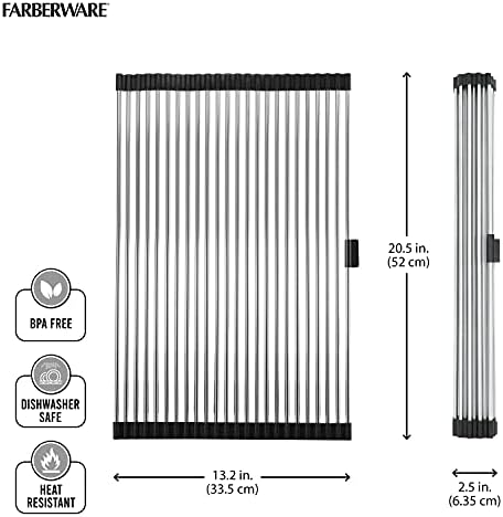 Farberware Dish Drying Rack Over the Sink, Large Stainless Steel Rolling Drying Rack for Kitchen Counter, Rust-Resistant Rods, Holds Up to 22 lbs, Dishwasher Safe