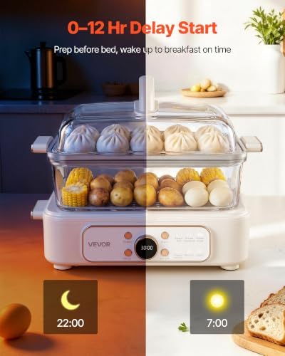 VEVOR Electric Food Steamer 6.3 QT Glass with 2-Tier Stainless Steel Trays, 1200W Vegetable Steamer for Cooking, 1-3 Servings, Pre-Programmed Settings, Delay Start, for Veggies, Seafood & Rice, White