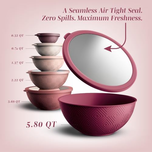 COOK WITH COLOR Mixing Bowls with Lids - 12 Piece Plastic Nesting Bowls Set includes 6 Prep Bowls and 6 Lids, Microwave Safe Mixing Bowl Set, Rose Rhombus