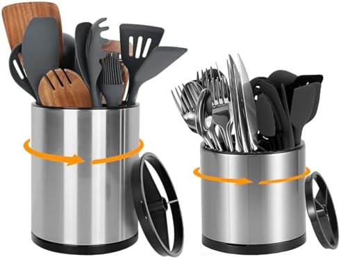 Nigelia Set of 2, Extra Large Kitchen Utensil Holder, 360° Rotating Stainless Steel Cooking Utensil Holder for Countertop, 3 Compartment Flatware Organizer (Silvery)
