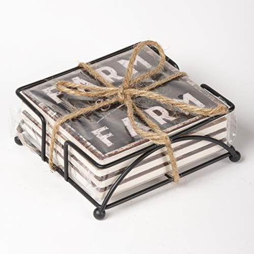 Primitives by Kathy Set of 4 Absorbent Stone Coasters, Rustic Farmhouse Coaster Designs, Farm Sweet Farm, Includes Wire Holder, Slatted Wood Style with Distressed Details, 4 by 4 Inches Each