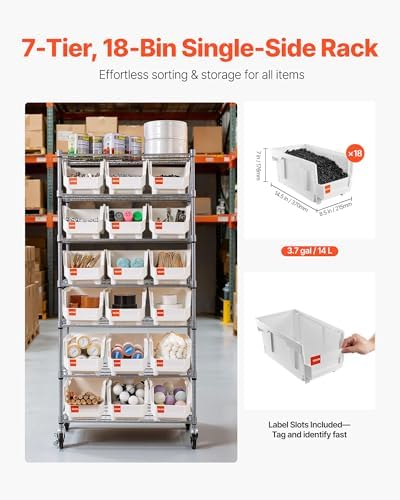 VEVOR 7-Tier Rolling Bin Storage Rack, 18 Organizer Bins, Bin Rack Storage Steel Wire Shelving System with Wheels, Mobile Tool Organizer for Garage, Warehouse, Office, Restaurant, Classroom, Kitchen