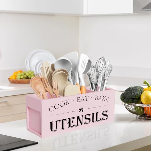 Suli Extra Large Utensil Holder Countertop for Kitchen Counter,Wood,Pink