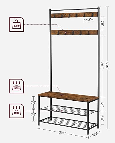 VASAGLE Coat Rack, Hall Tree with Shoe Storage Bench, 3-in-1, Steel Frame