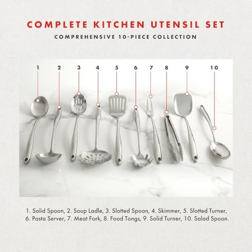 Emeril Lagasse 10-Piece Stainless Steel Utensil Set – Premium 304 Mirror Finish Cooking Tools with Hanging Loops – Heat Resistant, Dishwasher Safe Kitchen Gadgets for Nonstick Cookware