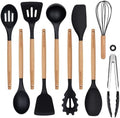 Silicone 10 Pcs Kitchen Cooking Utensils Set, Recycled Materials Certification, BPA Free Spatula Set with Heat Resistant Wood Handles for Nonstick Cookware, Black