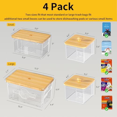 FELIZHOUSE 4 Pack Trash Bag Holder with Bamboo Lid, Stackable Garbage Bag Dispenser Under Sink, Storage Organizer for Kitchen, Laundry, Pantry (S+S+M+L)