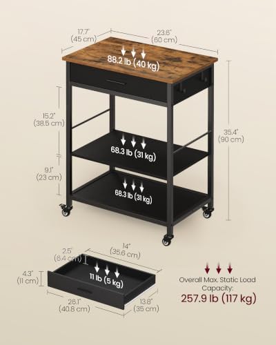 VASAGLE Kitchen Island Cart with Storage, Drawer, Adjustable Shelf, 2 Hooks