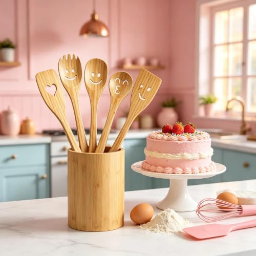 Smiley Face Wooden Spoons Set, 5-Piece Organic Bamboo Cooking Utensils
