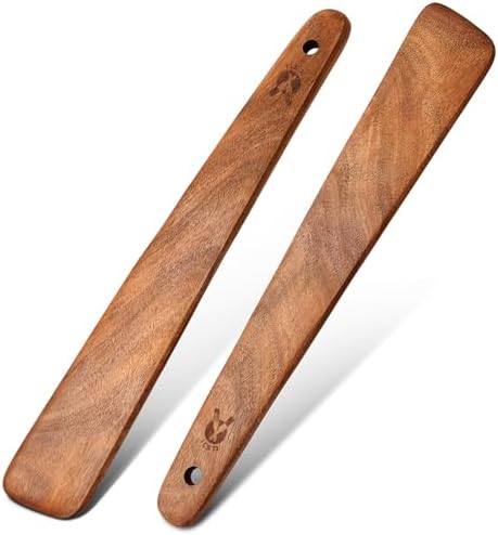 12" Teak Wooden Spatula for Cooking, 2Pcs Wood Turner Scraper for Cast Iron