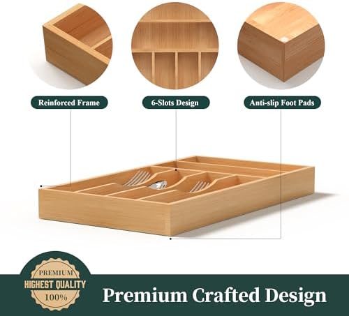 Silverware Organizer, Bamboo Kitchen Drawer Organizer, Utensil Holder, Cutlery Tray & Spoon Flatware Storage with Grooved Drawer Dividers (8.5''W x 15.5''D)