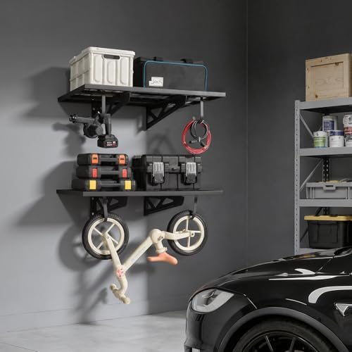 VEVOR 2-Pack Heavy Duty Garage Wall Shelving, 2 x 3 ft Steel Wall Mounted Shelving Unit with Hooks, 24 x 36 Inch Per Shelf Floating Storage Metal Rack for Garage, 500 lbs Total Weight Capacity