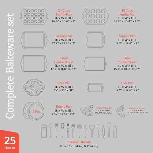 Emporio Kitchen Baking Pan Set - Nonstick Coating, Carbon Steel Bakeware Set with White Silicone Handle, PFOA, PFOS, PTFE Free, Recipe Booklet Included, Oven Safe Tray (Up To 450° F) Set of 25 - White