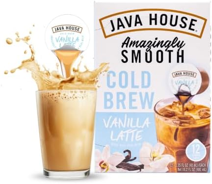 JAVA HOUSE French Vanilla Latte Cold Brew Coffee Pods, (12 Count) Peel and Pour Pods Hot or Iced