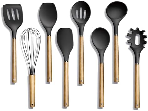 Country Kitchen Non Stick Silicone Utensil Set with Rounded Wood Handles for Cooking and Baking, 8 Piece Set, Black