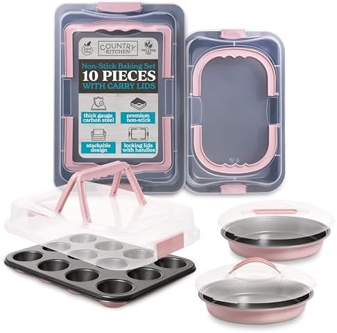 Country Kitchen Baking Pans Set - 10 Piece Non-Stick Cake Pans with Carry Lids for Easy Storage & Travel, Perfect for Parties - Stackable, Pink