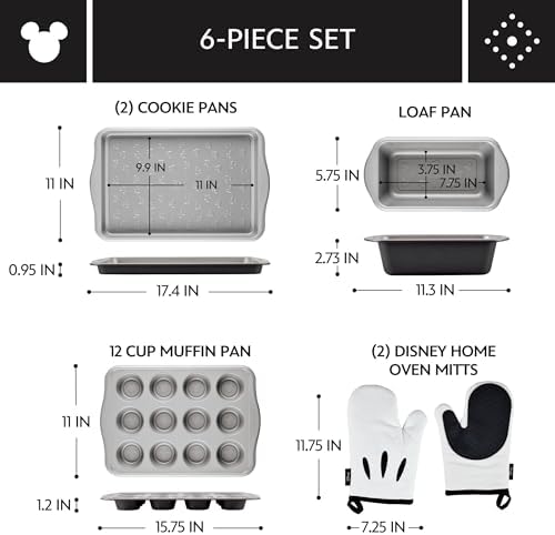 Farberware Disney Bake with Mickey Mouse Nonstick Bakeware Set/Baking Pans with Disney Home Oven Mitts, Cookie Pans, Muffin/Cupcake and Loaf Pan, 6 Piece - Black