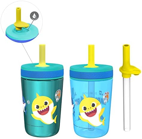 Zak Designs Baby Shark Kelso Tumbler Set, Leak-Proof Screw-On Lid with Straw, Bundle for Kids Includes Plastic and Stainless Steel Cups with Bonus Sipper (3pc Set, Non-BPA)
