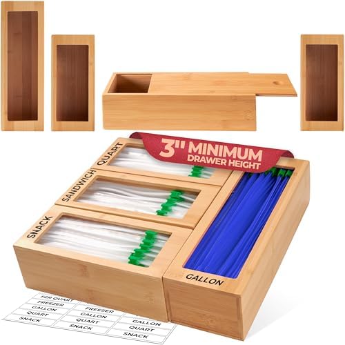 Bamboo Storage Bag Organizer for Kitchen Drawer, Plastic Baggie Organizer