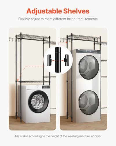 VEVOR Over the Washer and Dryer Storage Shelf, 5 Tier Laundry Room Drying Rack with Hanger Rod and Hooks, Adjustable Over Washer and Dryer Shelves, Laundry Room Shelf Storage Space Saver, Black