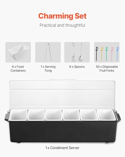 VEVOR Chilled Condiment Server, 6 Compartment Ice Cooled Condiment Serving Container, Chilled Garnish Tray Bar Caddy with Lid, for Bartending & Serving Taco, Salad, Fruit, Home & Restaurant Supplies