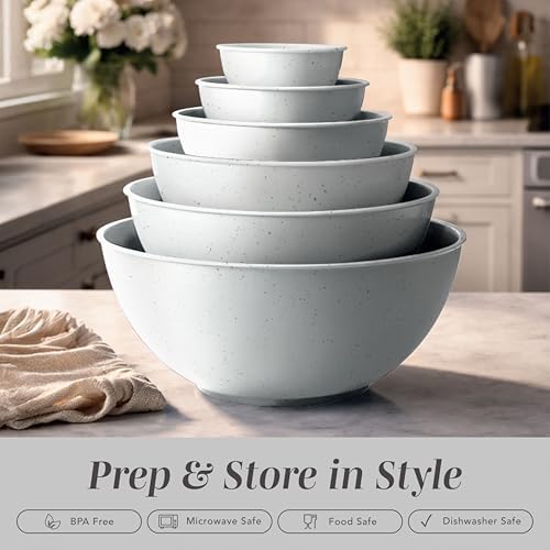 COOK WITH COLOR Mixing Bowls with TPR Lids - 12 Piece Plastic Nesting Bowls Set includes 6 Prep Bowls and 6 Lids, Microwave Safe Mixing Bowl Set (Speckled White)