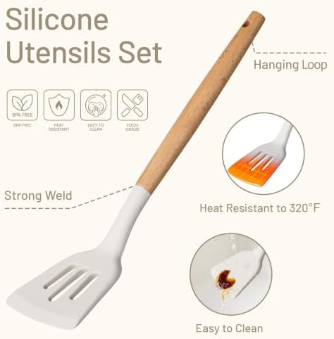 CAROTE 22-Piece Cooking Utensils Set with Wood Cool-Touch Handles, Cream