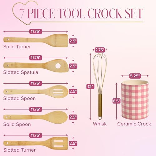 Paris Hilton Kitchen Utensils Tool Crock Set, Bamboo Cooking Tools with Gold-Finish Stainless Steel Whisk and Ceramic Stoneware Utensil Holder, Gingham Design, 7-Piece, Pink