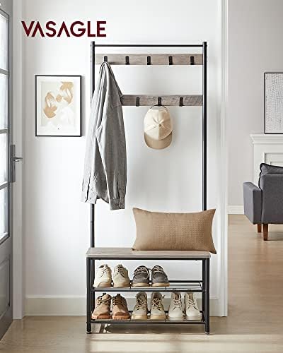 VASAGLE Coat Rack, Hall Tree with Shoe Storage Bench, 3-in-1, Steel Frame
