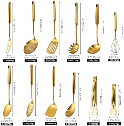 304 Stainless Steel Small and Large Spoons Set, Gold Cooking Utensils Set 12 PCS All Metal Kitchen Tools, stainless steel cookware set -Whisk, Fork, Tongs, Turner, Ladle, Spatula，Skimmer, Pasta