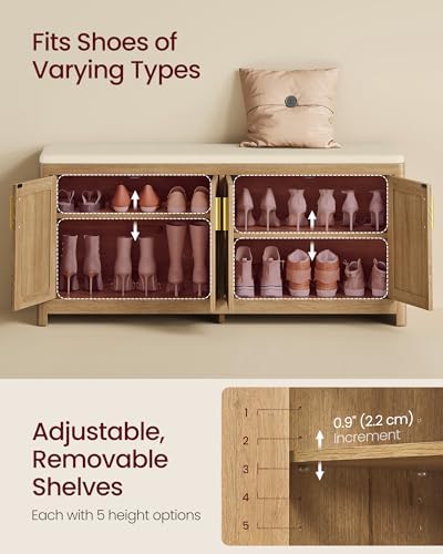 VASAGLE Boho Shoe Bench with Cushion, 4 Rattan-Look Cabinet Doors