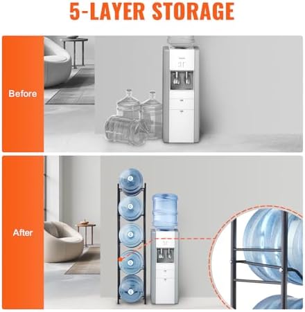 VEVOR 5 Tiers Water Jug Holder, 5 Gallon Water Bottle Holder, Single Row Water Bottle Rack for 5 Bottles, Heavy Duty Water Jug Rack for Kitchen, Office, Living Room, Black