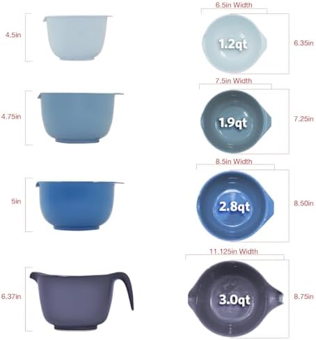 Glad Mixing Bowls with Pour Spout, Set of 4 - Nesting Plastic Bowls (1.2qt, 1.9qt, 2.8qt, and 3qt with Handle) - Non Slip Base, Dishwasher Safe Kitchen Cooking and Baking Supplies, Blue