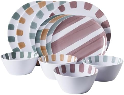 Gibson Home Cottage Stripes 12-Piece Melamine Plates and Bowls Dinnerware Set - Outdoor, Camping, & Everyday Use - Assorted Colors
