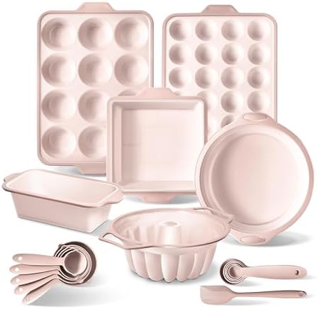 COOK WITH COLOR 17 Pc. Silicone Baking Pan Set - Non-Stick & Easy Clean Silicone Muffin Pans for Baking with Sturdy Metal Frame for Stability, Flexible Cake Molds, Includes Measuring Cups and Spoons
