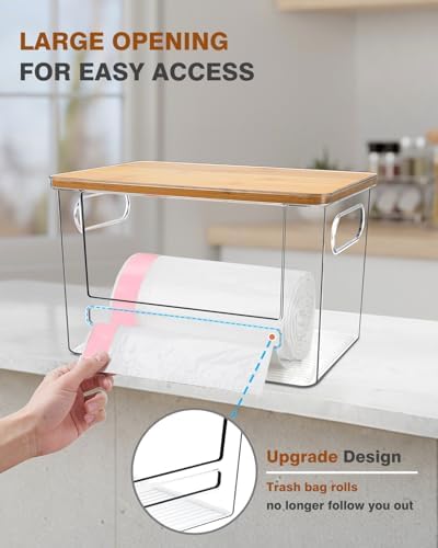 Trash Bag Holder, Acrylic Garbage Bag Dispenser with Bamboo Top
