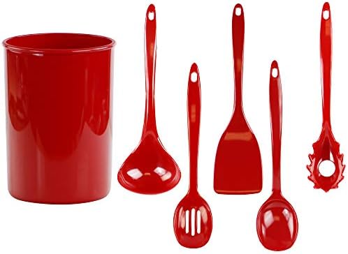 Reston Lloyd 6 Piece Kitchen Utensil Holder for Kitchen Counter, Utensils Crock with Heat Resistant Spoon, Slotted Spoon, Ladle, Spatula BPA Free, Red