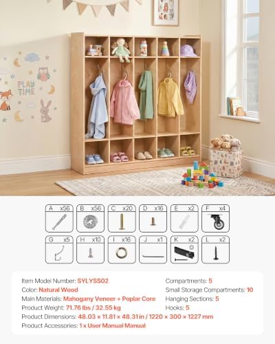 VEVOR 5-Section Classroom Coat Locker, 10 Cubbies for Daycare, Classroom Cubbies with 4 Casters & 5 Hooks, Daycare Furniture for Home, School, Nursery, Kindergarten