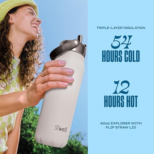 S'well Recycled Stainless Steel Explorer with Flip Straw Lid, 40oz, Moonstone, Triple Layered Vacuum Insulated Container Keeps Drinks Cold for 54 Hours and Hot for 12, BPA Free