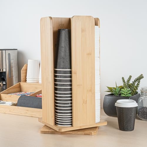 Restaurantware Restpresso 9 x 18 Inch Coffee Cup and Lid Organizer 1 Revolving Cup and Lid Holder - 4 Section Countertop Natural Bamboo Cup and Lid Dispenser For Restaurants Homes or Offices