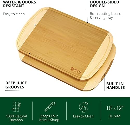 ROYAL CRAFT WOOD Wooden Cutting Boards for Kitchen Meal Prep & Serving - Bamboo Wood Serving Board Set with Deep Juice Groove Side Handles - Charcuterie & Chopping Butcher Block for Meat